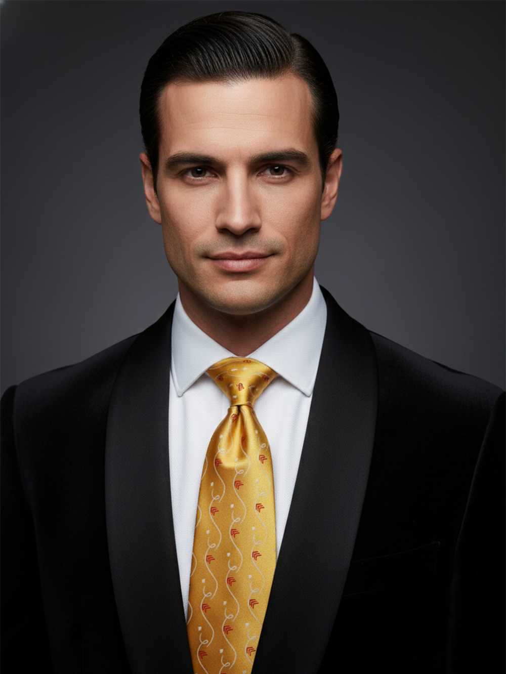 Luxury Golden Silk Tie with Red & White Print Designer Formal Necktie - Image 3