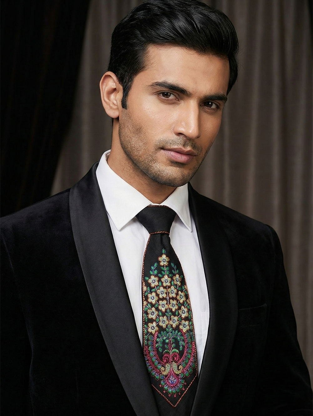 Luxury Handcrafted Silk Tie with Ornate Floral Motif Black - Image 3