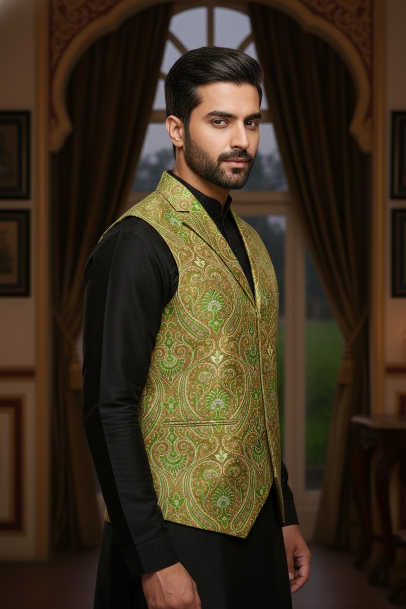 Men’s Green Brocade Nehru Jacket | Ethnic Wedding Festive Party Wear Mandarin Collar Sleeveless Waistcoat for Kurta & Indo-Western Outfit - Image 4