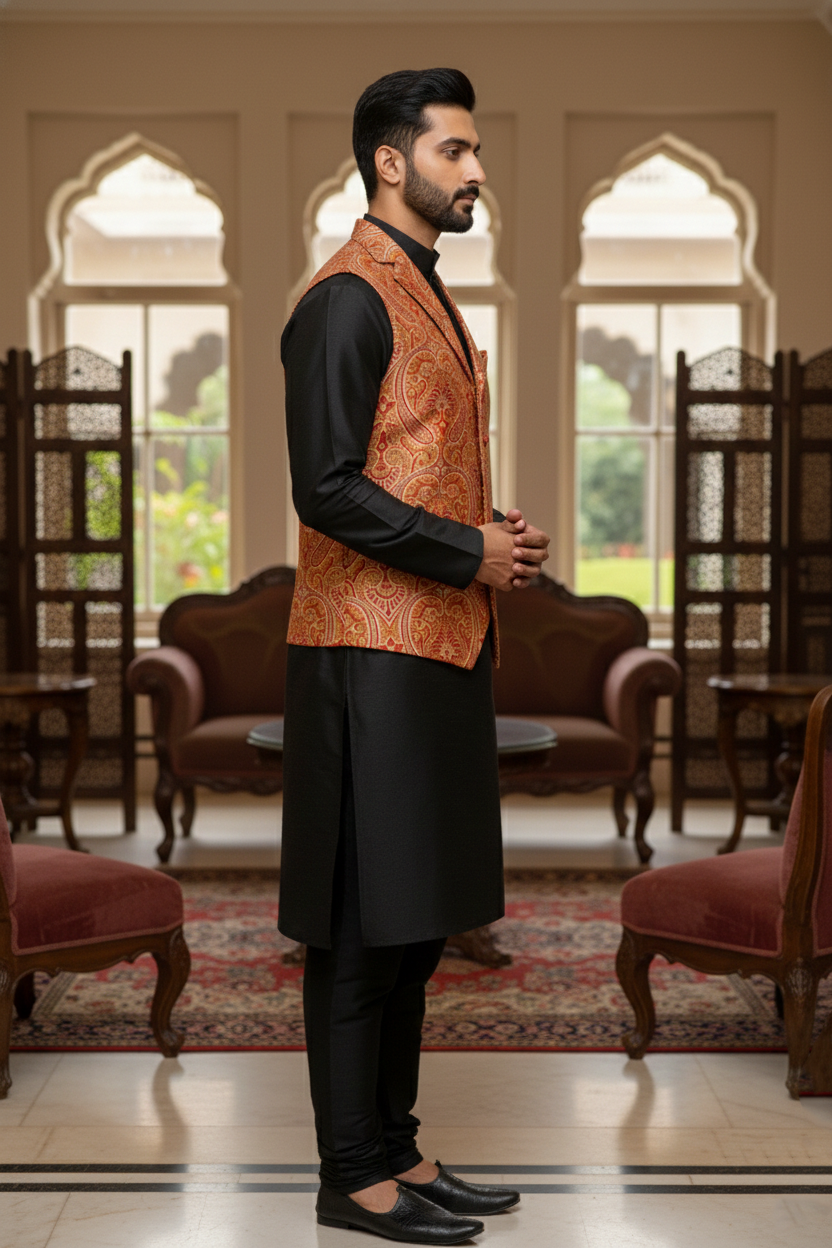 Royal Rust & Gold Paisley Silk Nehru Jacket with Notch Lapel - Image 4