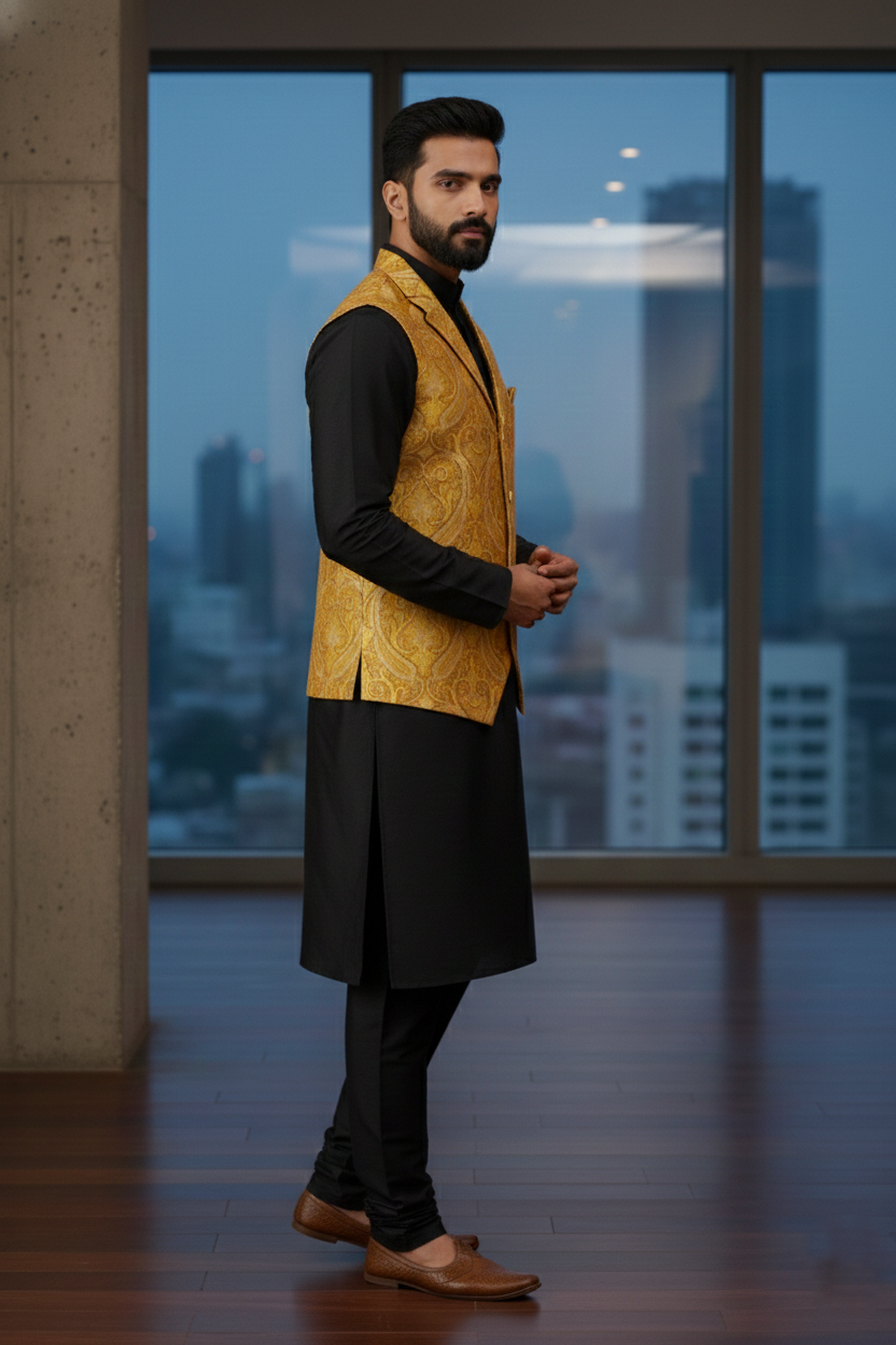 Men's Luxury Mustard Yellow Paisley Jacquard Nehru Jacket – Modern Notched Lapel Ethnic Waistcoat for Weddings and Festivals - Image 4