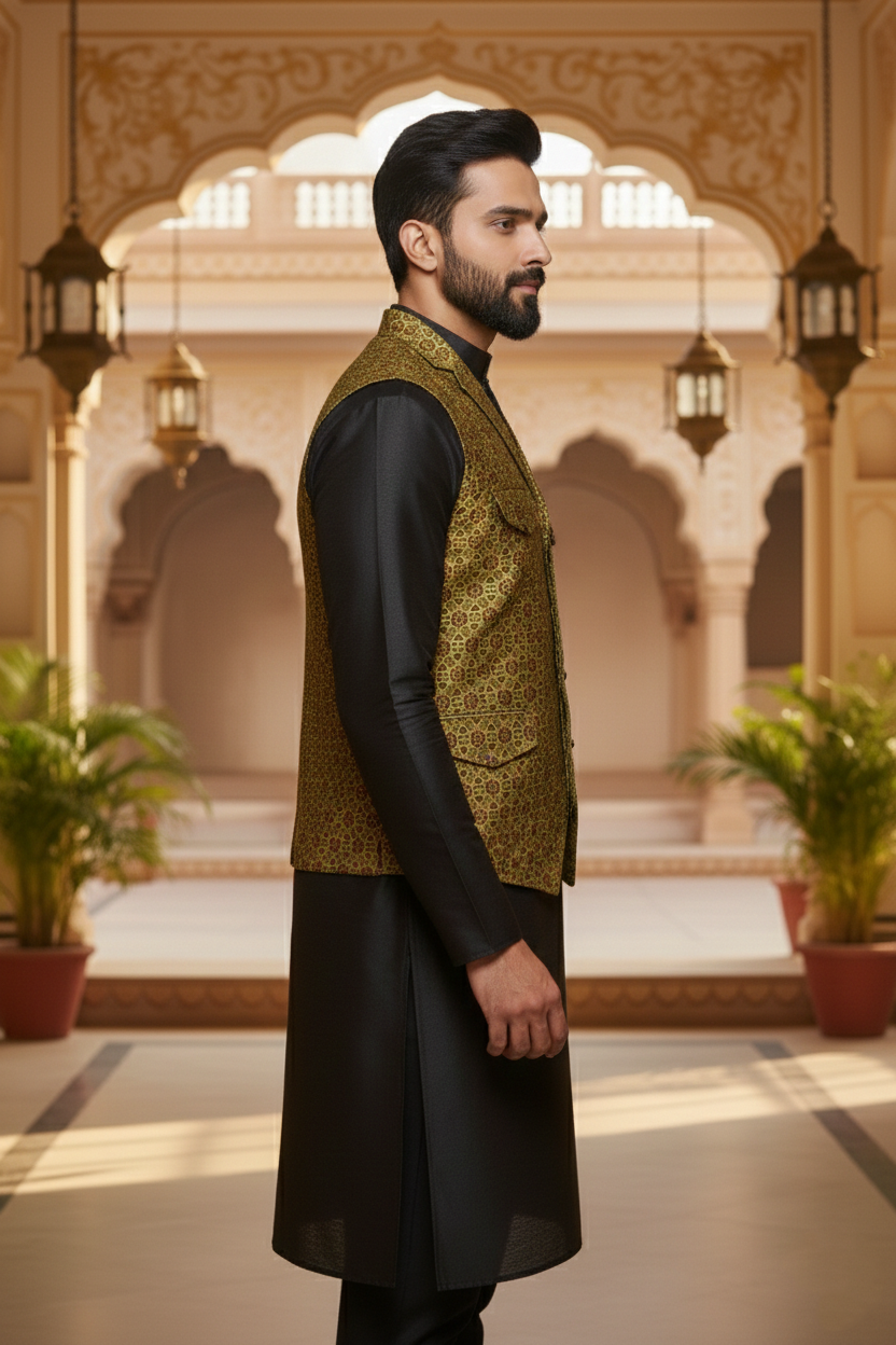 Men's Olive Green & Gold Geometric Print Nehru Jacket – Premium Multi-Pocket Designer Waistcoat with Notched Lapel for Ethnic & Fusion Wear - Image 5