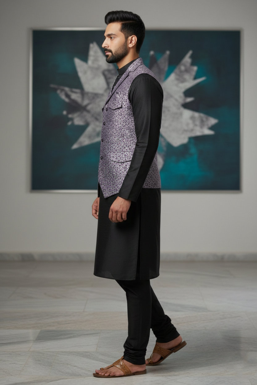 Men's Light Purple Silk Blend Nehru Jacket – Elegant Geometric Printed Waistcoat with Notched Lapel and Built-in Pocket Square - Image 4