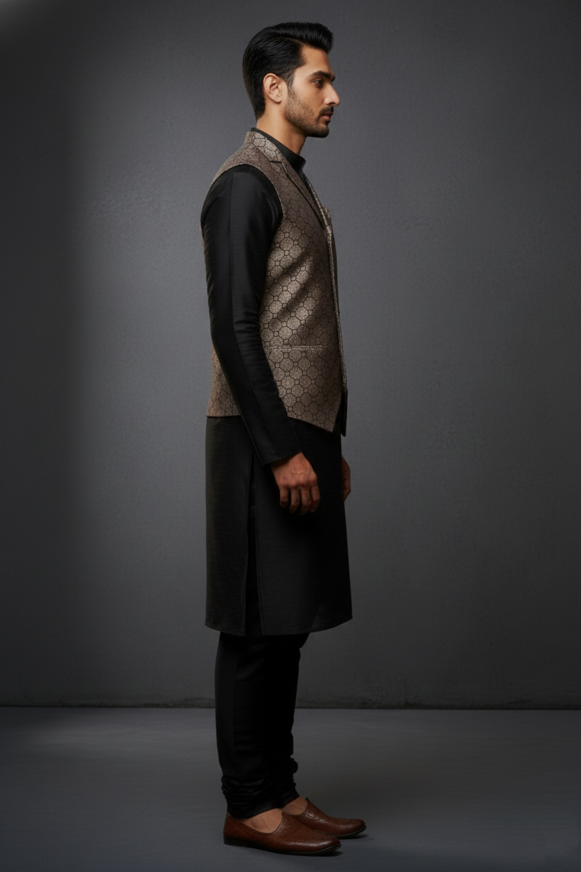 Men’s Grey Designer Waistcoat | Black Line Work Slim Fit Festive Vest - Image 4