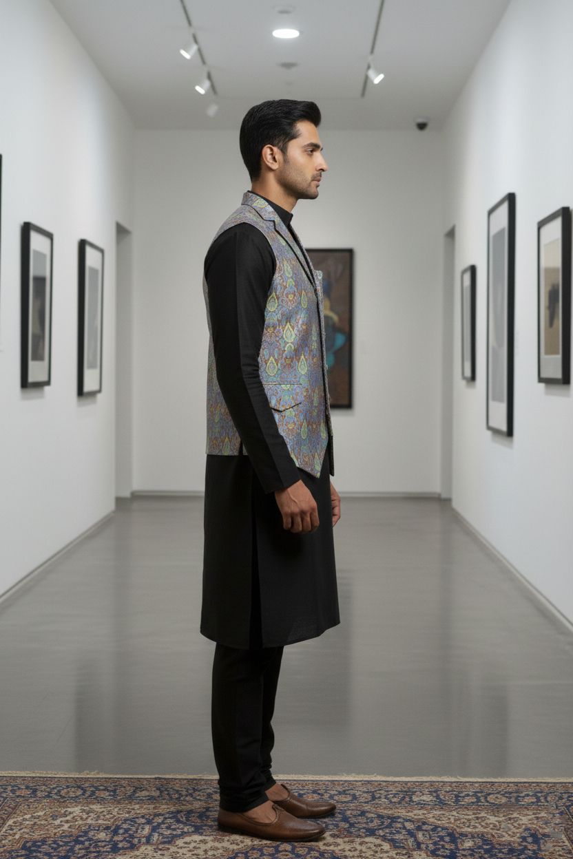 Men’s Sky Blue & Copper Brocade Waistcoat – Slim Fit Paisley Jacquard Nehru Vest with Notch Lapel - Image 4