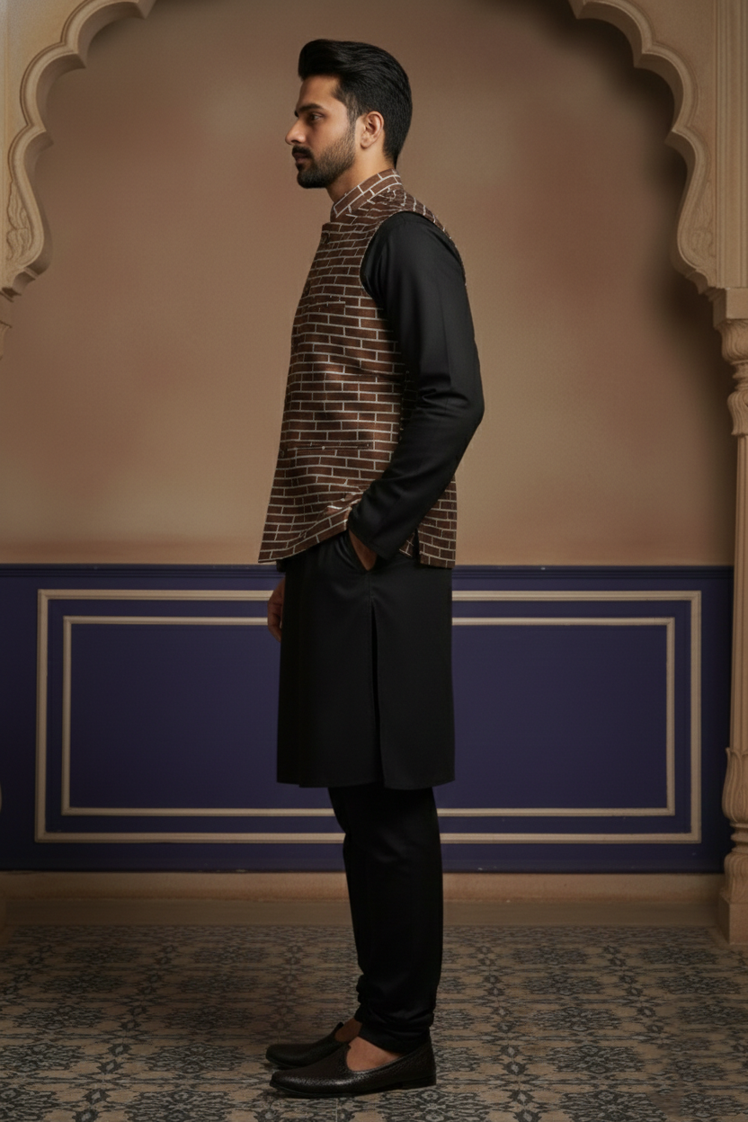 Men’s Brown Nehru Jacket with White Line Pattern | Ethnic Mandarin Collar Waistcoat for Festive & Formal Wear - Image 4