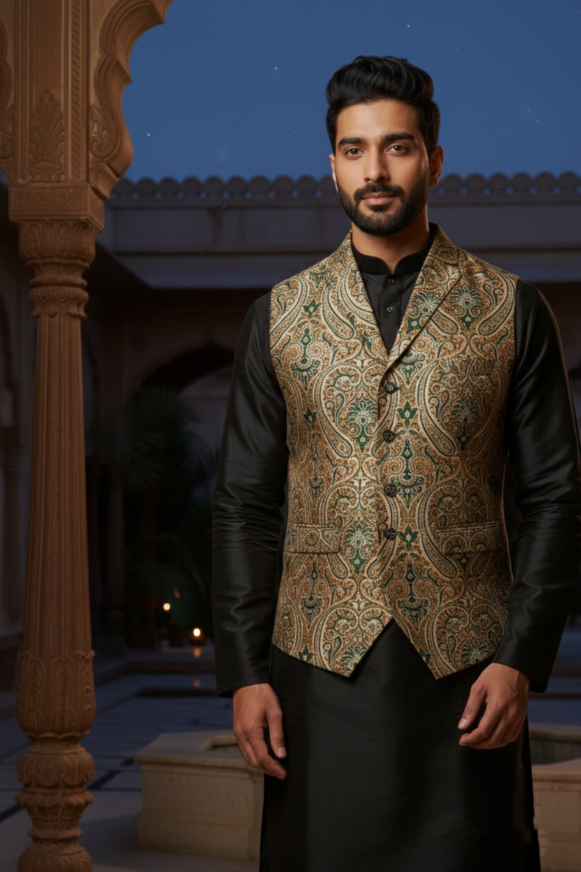 Men’s Olive Green Paisley Brocade Nehru Jacket | Ethnic Wedding Festive Party Wear Mandarin Collar Sleeveless Waistcoat for Kurta & Indo-Western Outfit - Image 4