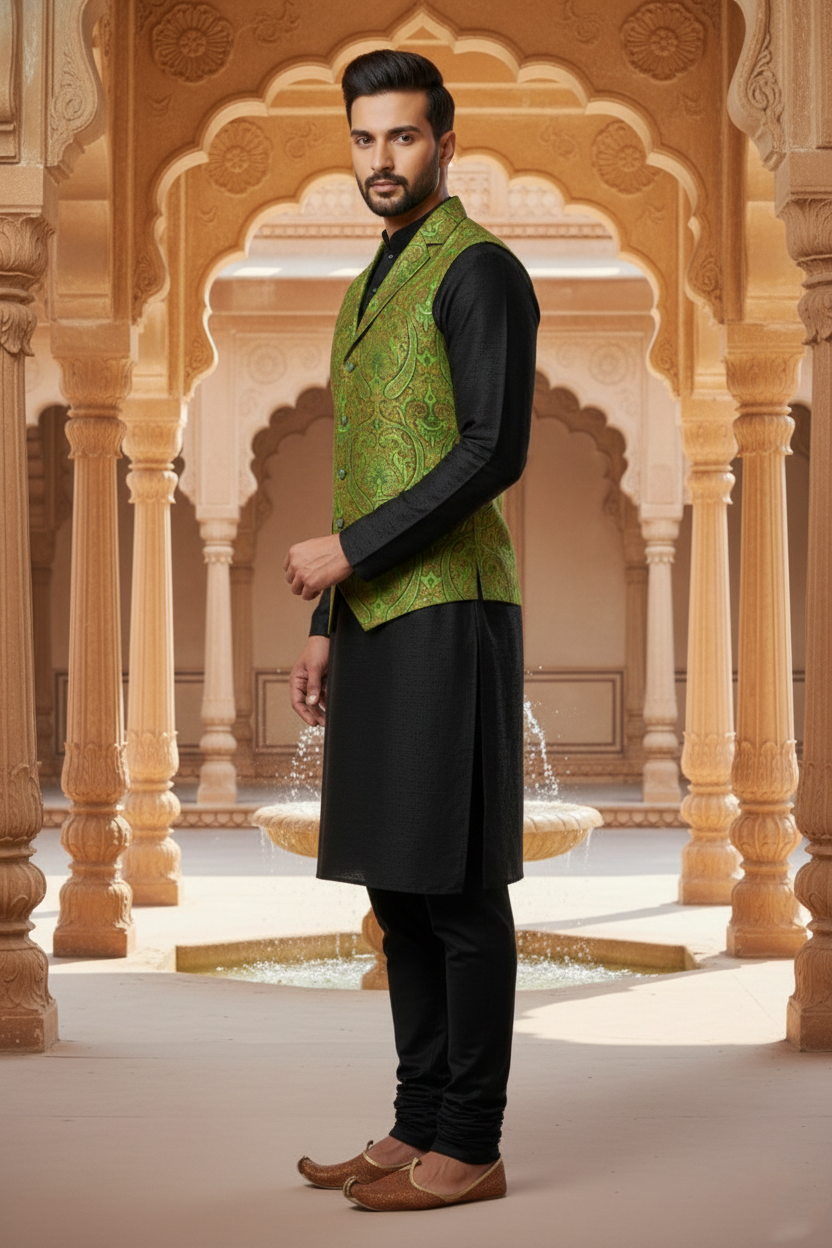 Men’s Green Nehru Jacket with Embroidery Work | Ethnic Waistcoat for Wedding, Festive & Party Wear | Sleeveless Modi Jacket - Image 4