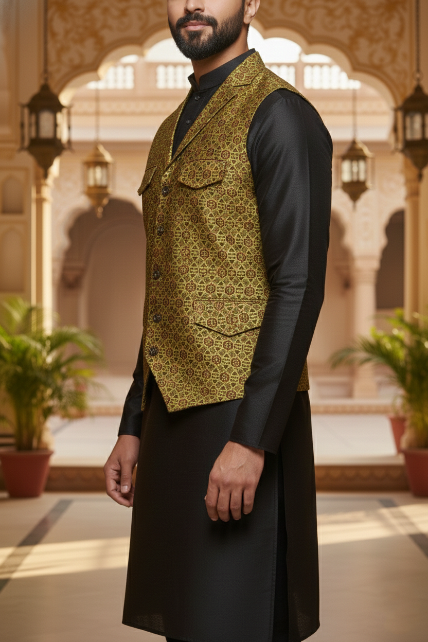 Men's Olive Green & Gold Geometric Print Nehru Jacket – Premium Multi-Pocket Designer Waistcoat with Notched Lapel for Ethnic & Fusion Wear - Image 4
