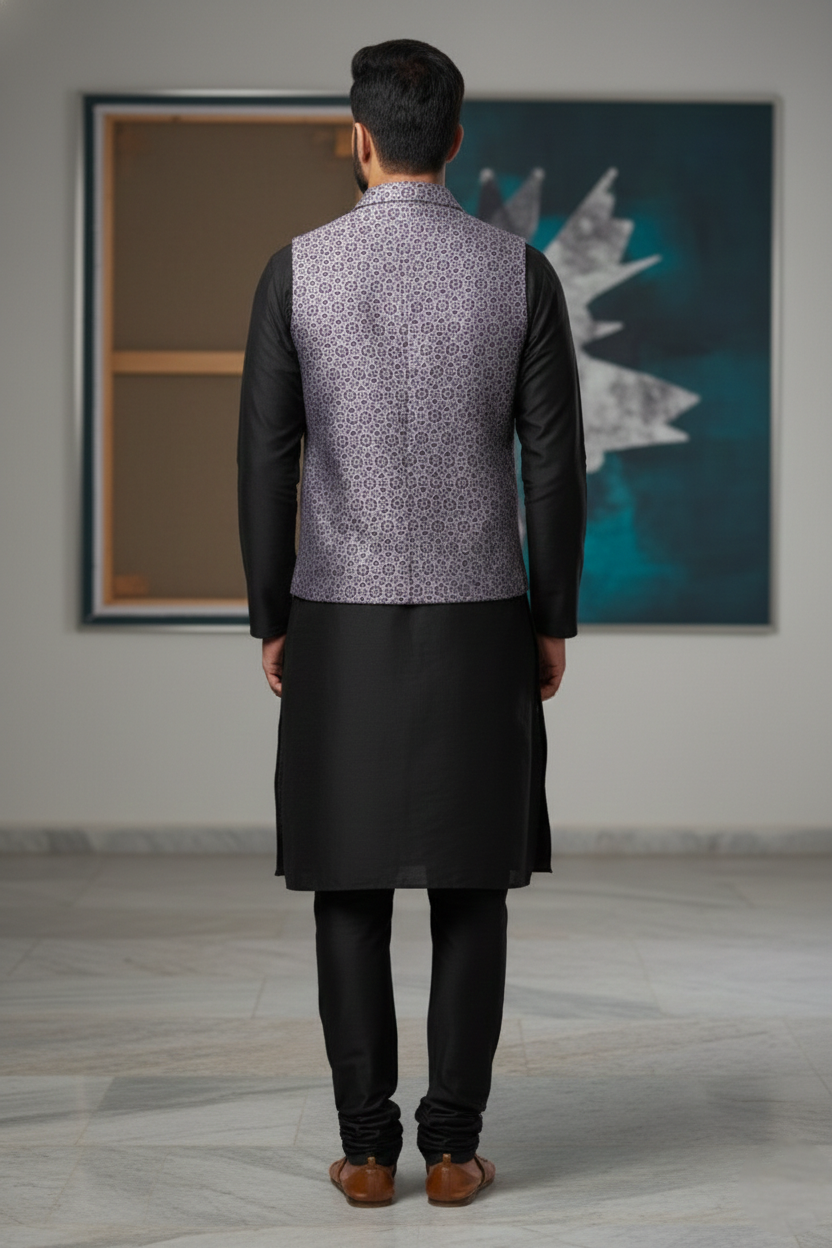 Men's Light Purple Silk Blend Nehru Jacket – Elegant Geometric Printed Waistcoat with Notched Lapel and Built-in Pocket Square - Image 3