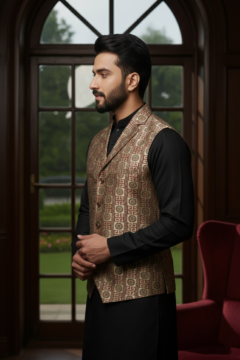 Men’s Beige & Maroon Designer Printed Waistcoat | Slim Fit Festive & Party Wear Vest - Image 4