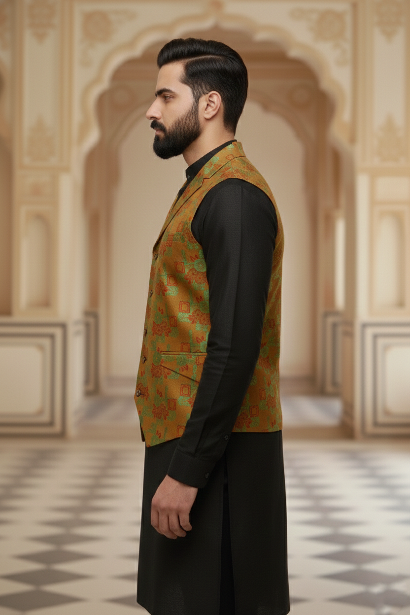 Men’s Brown Floral Designer Waistcoat | Red & Green Flower Work Slim Fit Vest - Image 3