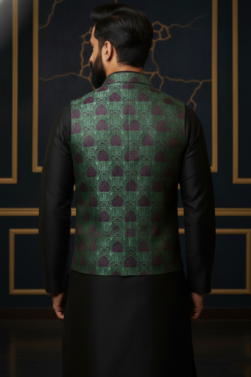 Men's Teal and Maroon Jacquard Waistcoat – Notch Lapel Brocade Nehru Jacket with Traditional Motif Print - Image 3