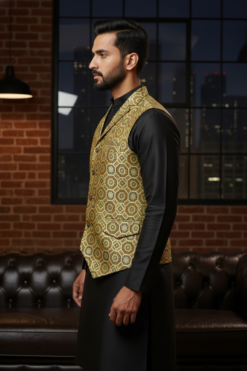 Men's Premium Geometric Print Nehru Jacket – Slim Fit V-Neck Waistcoat for Ethnic & Casual Wear - Image 4