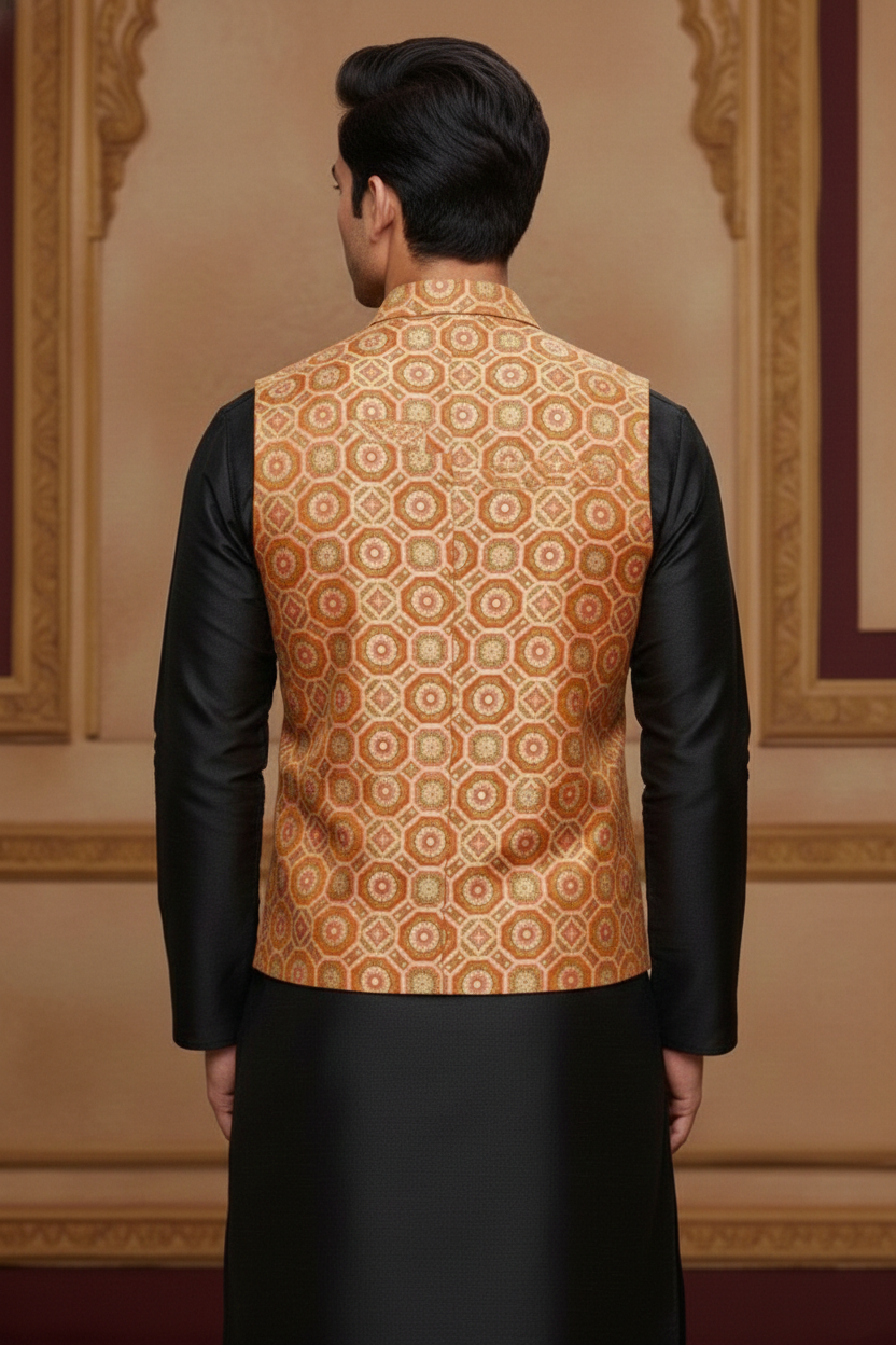 Men's Royal Red Geometric Print Nehru Jacket – Premium Silk-Finish Ethnic Waistcoat for Weddings & Festivals - Image 3