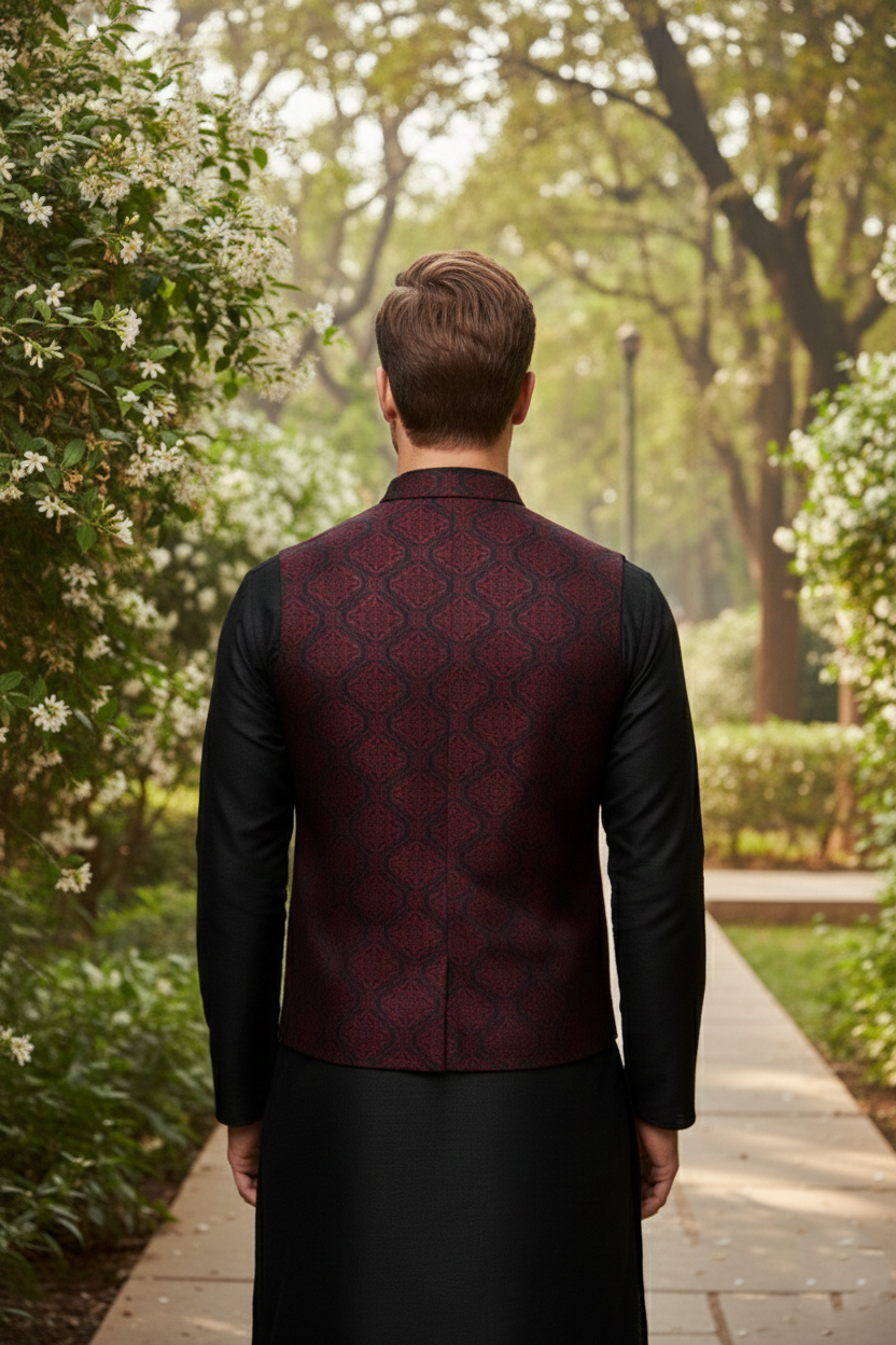 Men’s Dark Red Jacquard Silk Waistcoat with Notch Lapel | Slim Fit Festive Vest - Image 3