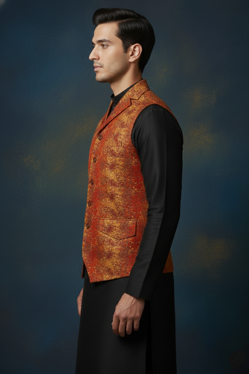 Men's Premium Banarasi Silk Textured Waistcoat in Burnt Orange and Gold - Image 4