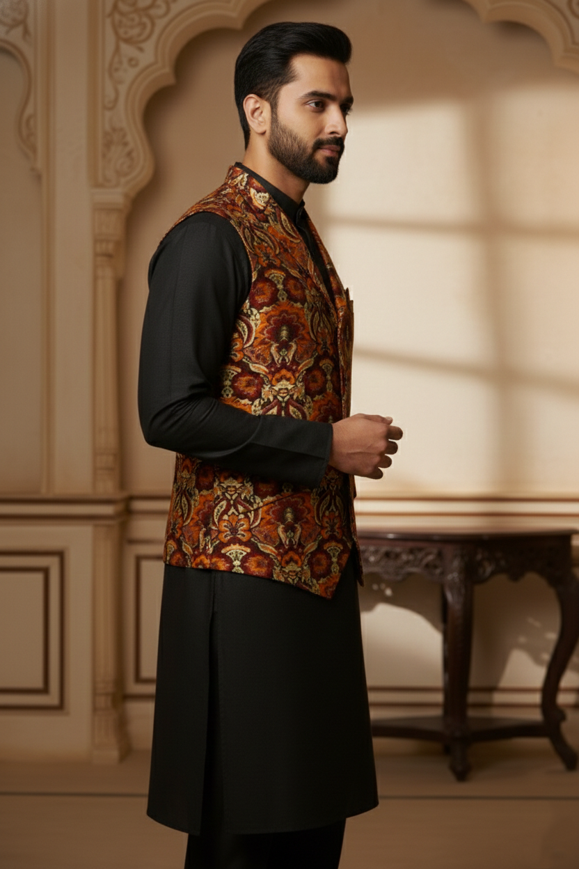 Men's Bohemian Paisley Silk Waistcoat in Earthy Rust and Gold - Image 4