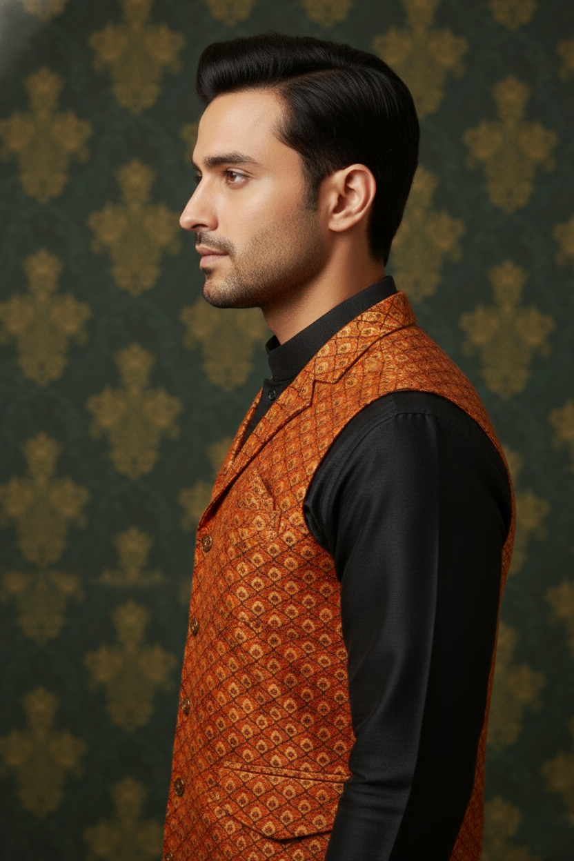 Men’s Red Nehru Jacket with Yellow Dots Work | Festive Ethnic Waistcoat for Weddings & Celebrations - Image 4