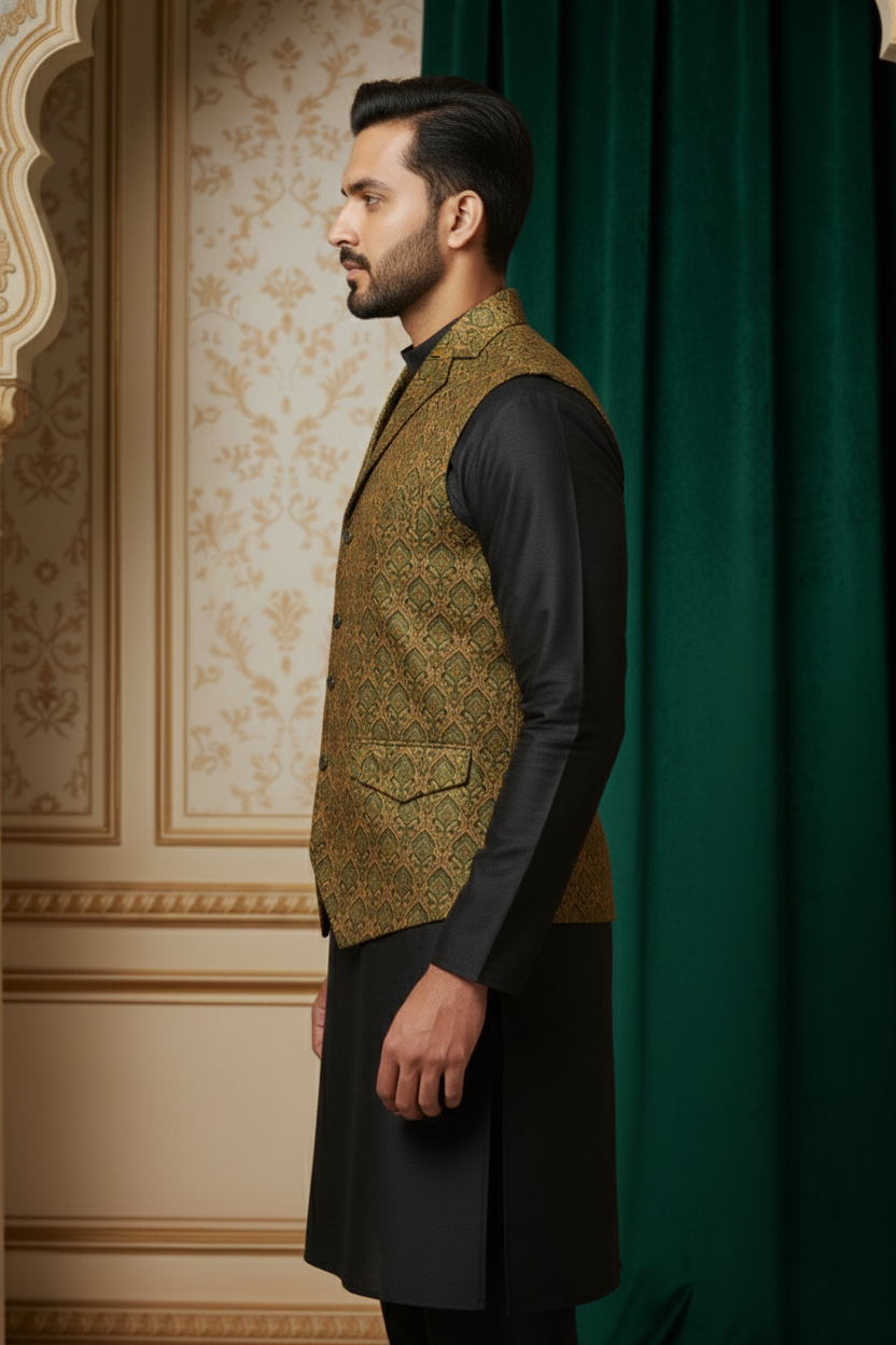 Designer Men’s Brocade Nehru Jacket | Traditional Wedding & Festival Wear Sleeveless Waistcoat with Mandarin Collar - Image 4