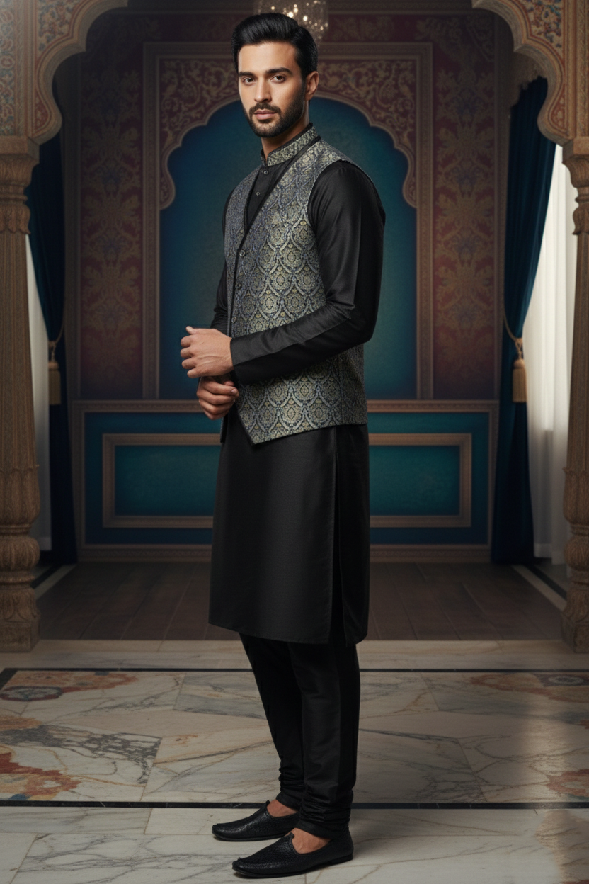 Men's Luxury Jacquard Banarasi Silk Waistcoat | Slim Fit V-Neck Ethnic Jacket for Wedding, Party & Festive Wear | Premium Floral Brocade Design - Image 4