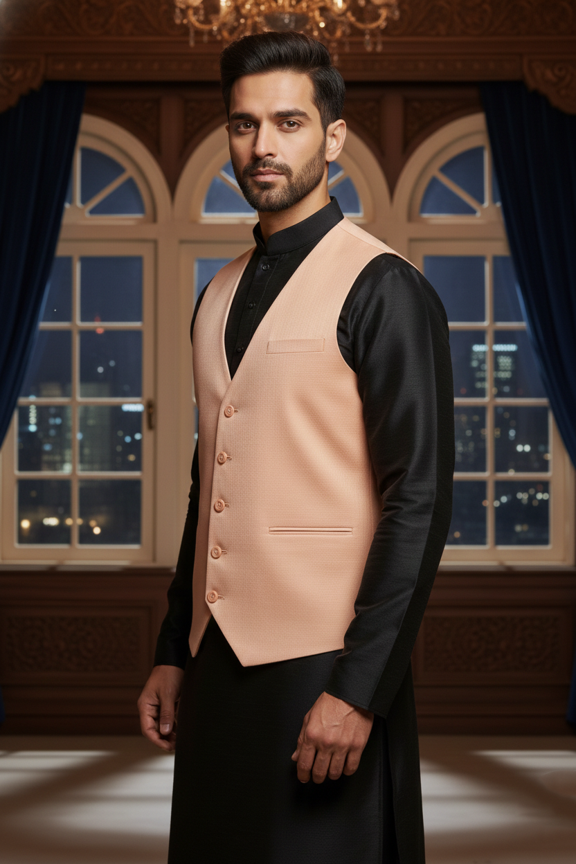 Men’s Peach Solid Formal Waistcoat | Slim Fit Classic Vest - Image 4