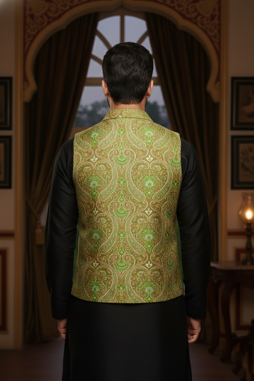 Men’s Green Brocade Nehru Jacket | Ethnic Wedding Festive Party Wear Mandarin Collar Sleeveless Waistcoat for Kurta & Indo-Western Outfit - Image 3