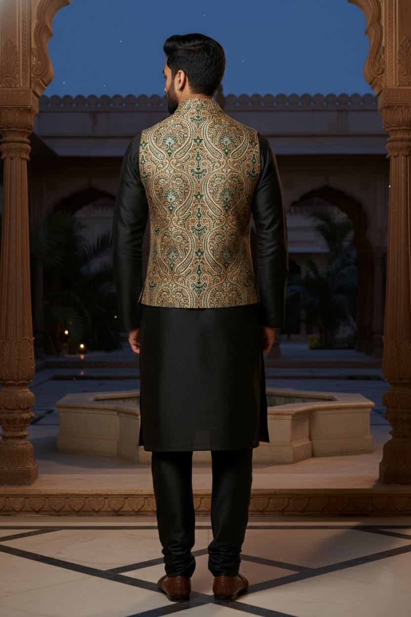 Men’s Olive Green Paisley Brocade Nehru Jacket | Ethnic Wedding Festive Party Wear Mandarin Collar Sleeveless Waistcoat for Kurta & Indo-Western Outfit - Image 3