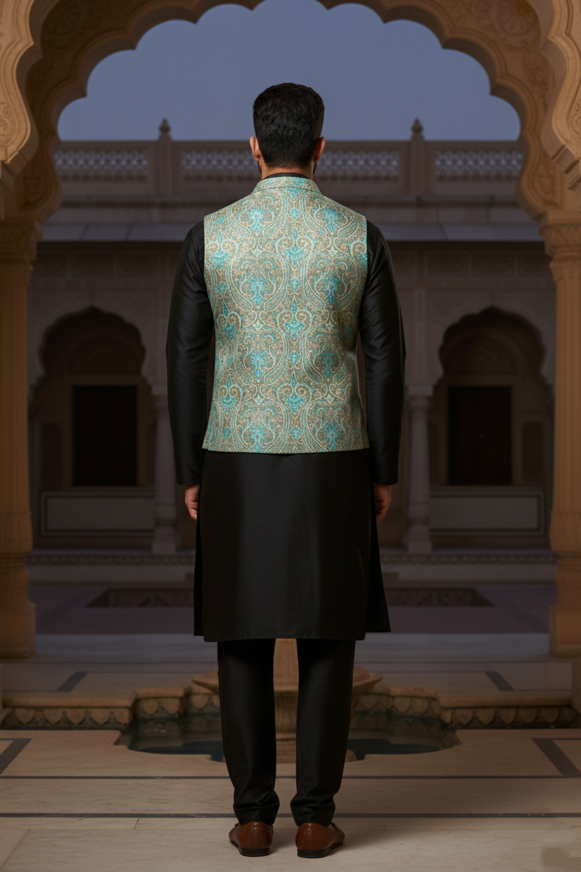 Men’s Light Blue Nehru Jacket with Embroidery Work | Ethnic Waistcoat for Wedding, Festive & Party Wear | Sleeveless Modi Jacket - Image 3