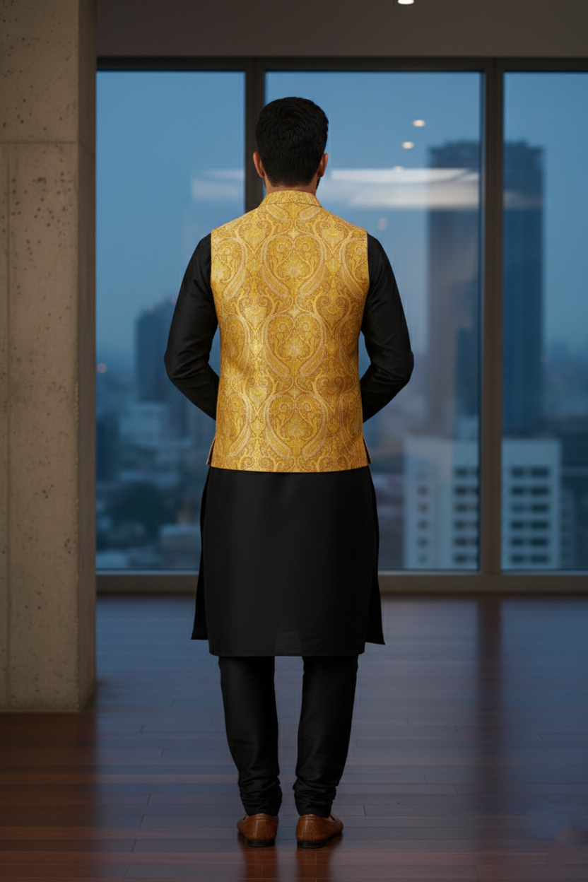 Men's Luxury Mustard Yellow Paisley Jacquard Nehru Jacket – Modern Notched Lapel Ethnic Waistcoat for Weddings and Festivals - Image 3