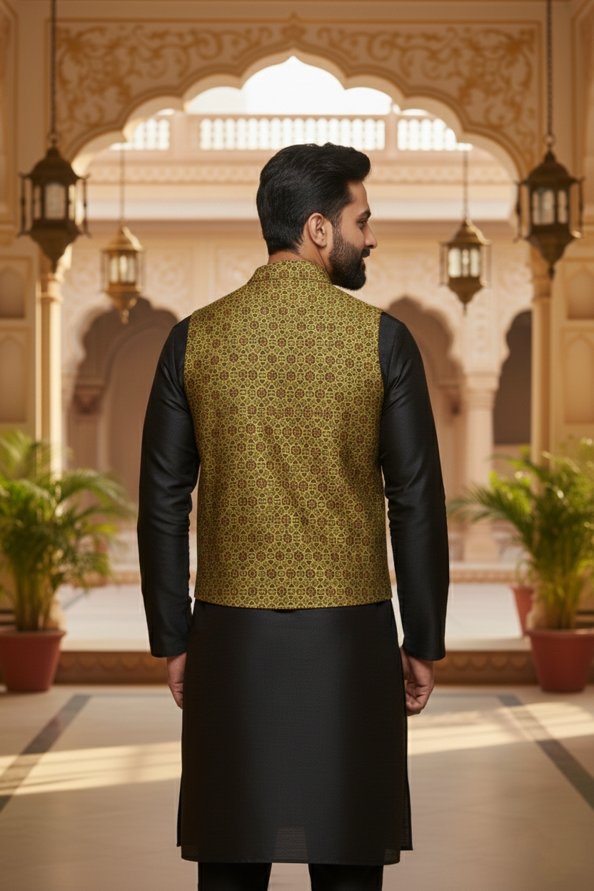Men's Olive Green & Gold Geometric Print Nehru Jacket – Premium Multi-Pocket Designer Waistcoat with Notched Lapel for Ethnic & Fusion Wear - Image 3