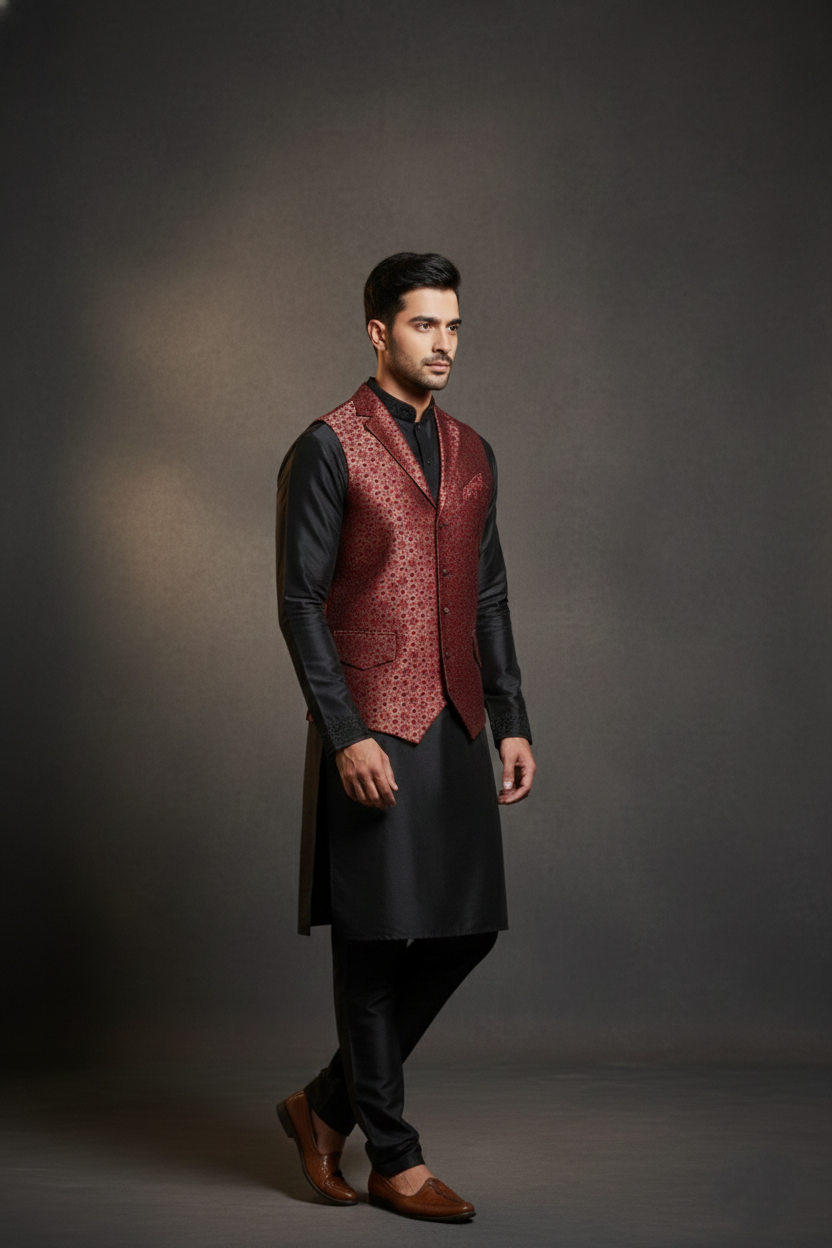 Men's Crimson Red Jacquard Nehru Jacket – Designer Geometric Printed Waistcoat with Notched Lapel and Utility Pockets - Image 4
