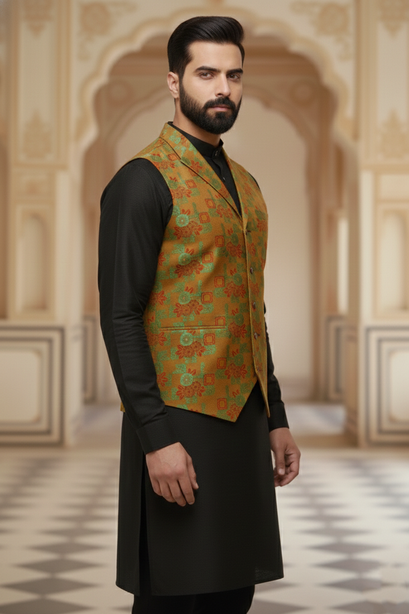 Men’s Brown Floral Designer Waistcoat | Red & Green Flower Work Slim Fit Vest - Image 4