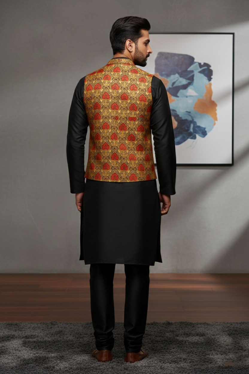 Men's Mustard Gold and Crimson Jacquard Waistcoat – Notch Lapel Brocade Nehru Jacket with Heritage Motif Print - Image 3