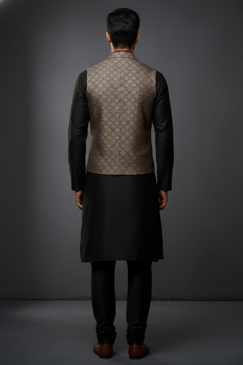 Men’s Grey Designer Waistcoat | Black Line Work Slim Fit Festive Vest - Image 3