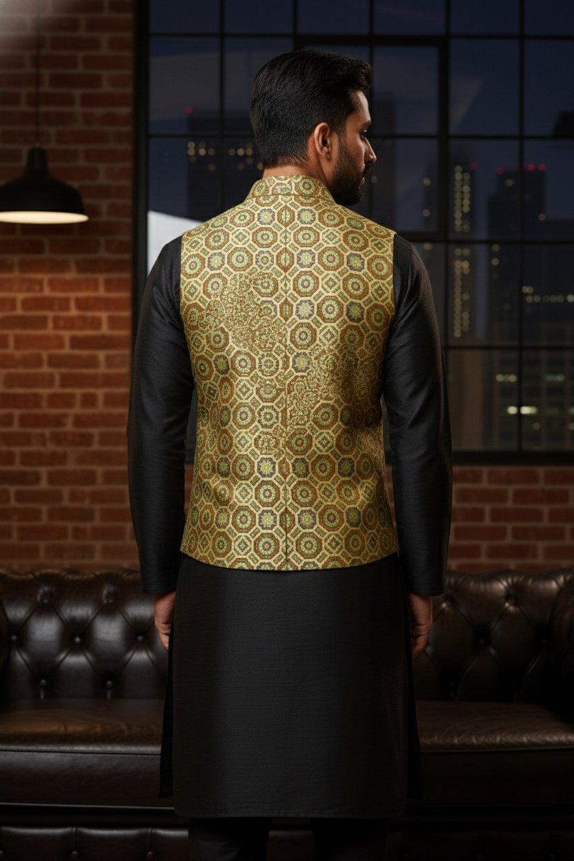 Men's Premium Geometric Print Nehru Jacket – Slim Fit V-Neck Waistcoat for Ethnic & Casual Wear - Image 3