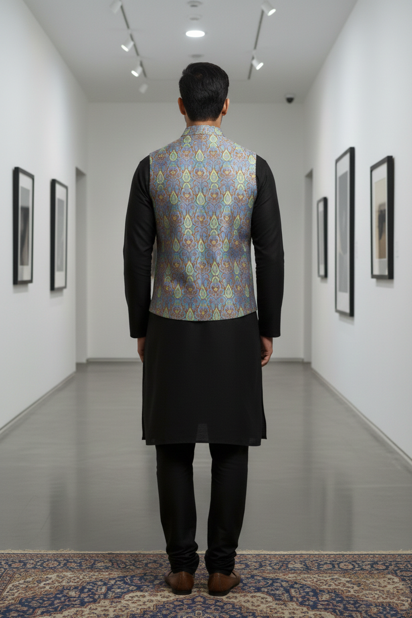 Men’s Sky Blue & Copper Brocade Waistcoat – Slim Fit Paisley Jacquard Nehru Vest with Notch Lapel - Image 3