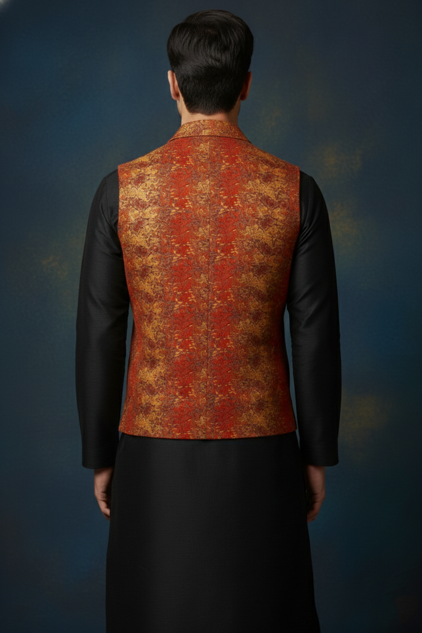 Men's Premium Banarasi Silk Textured Waistcoat in Burnt Orange and Gold - Image 3