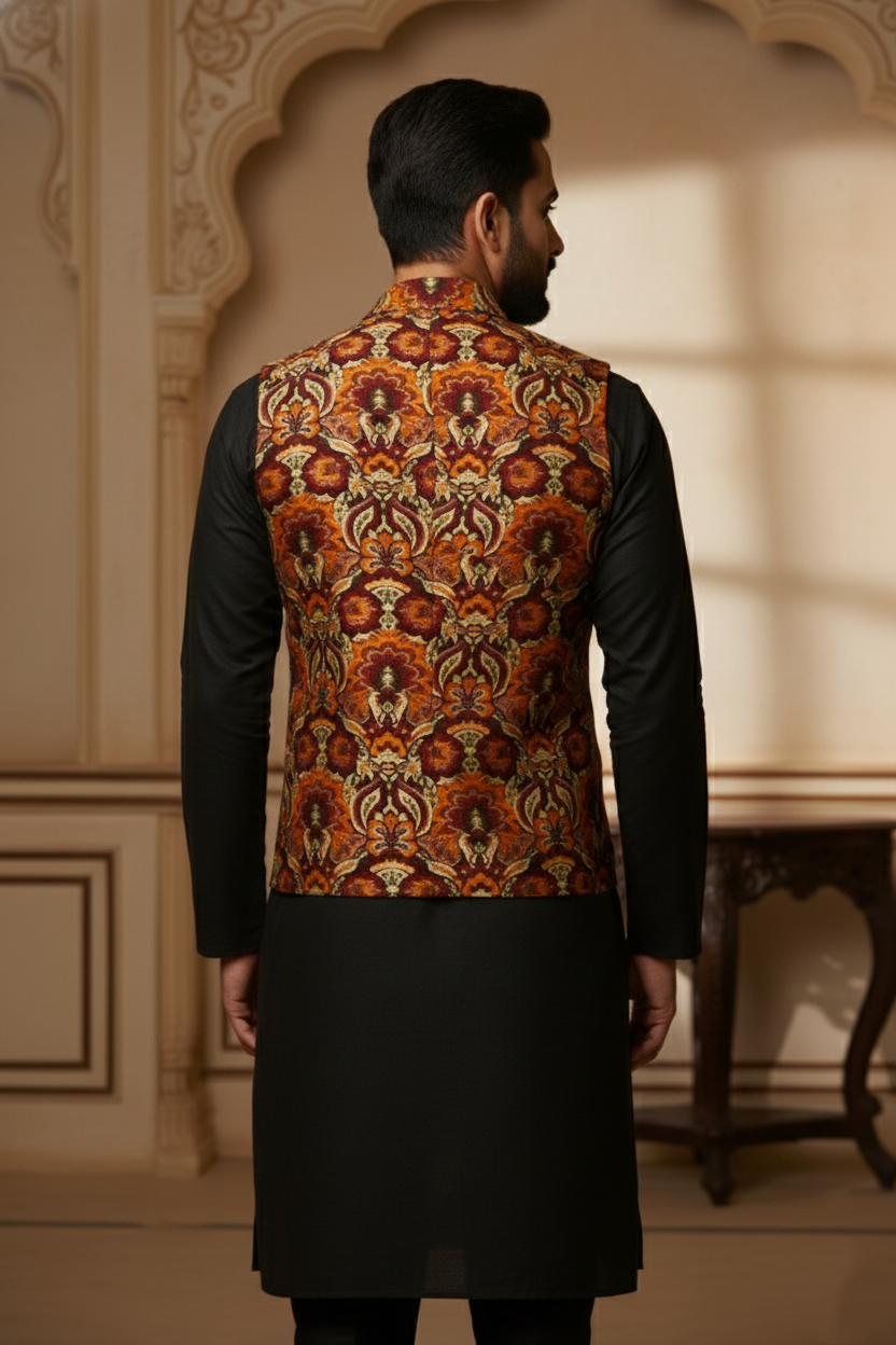 Men's Bohemian Paisley Silk Waistcoat in Earthy Rust and Gold - Image 3