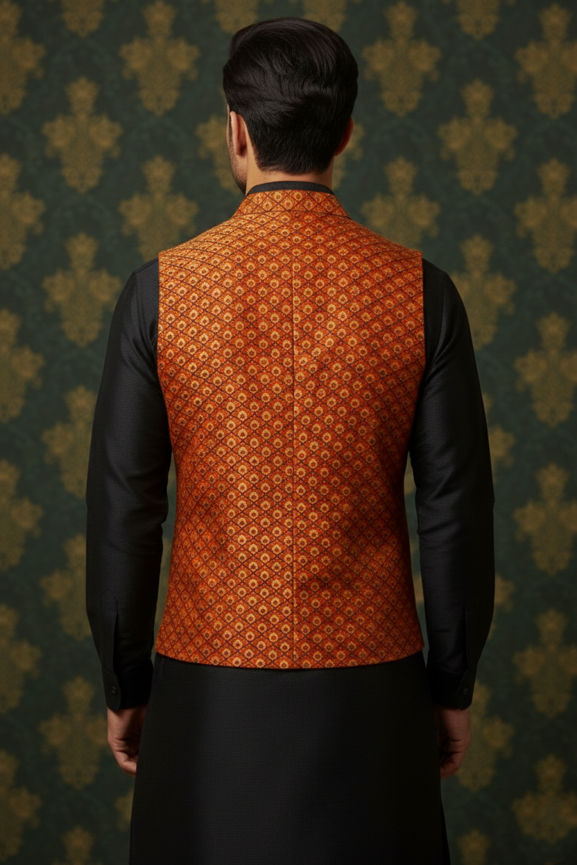 Men’s Red Nehru Jacket with Yellow Dots Work | Festive Ethnic Waistcoat for Weddings & Celebrations - Image 3
