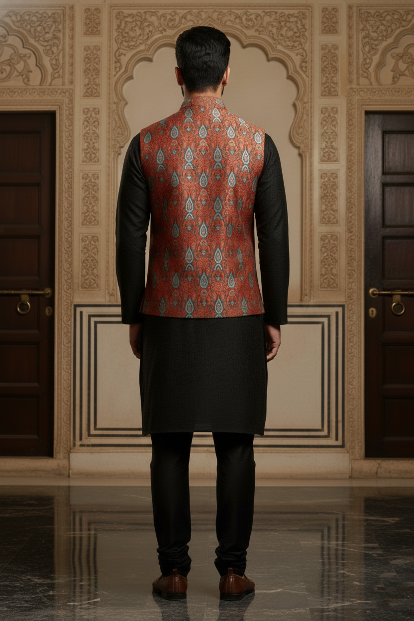 Men’s Rust Orange Printed Nehru Jacket | Ethnic Patterned Mandarin Collar Waistcoat for Festive & Wedding Wear - Image 3