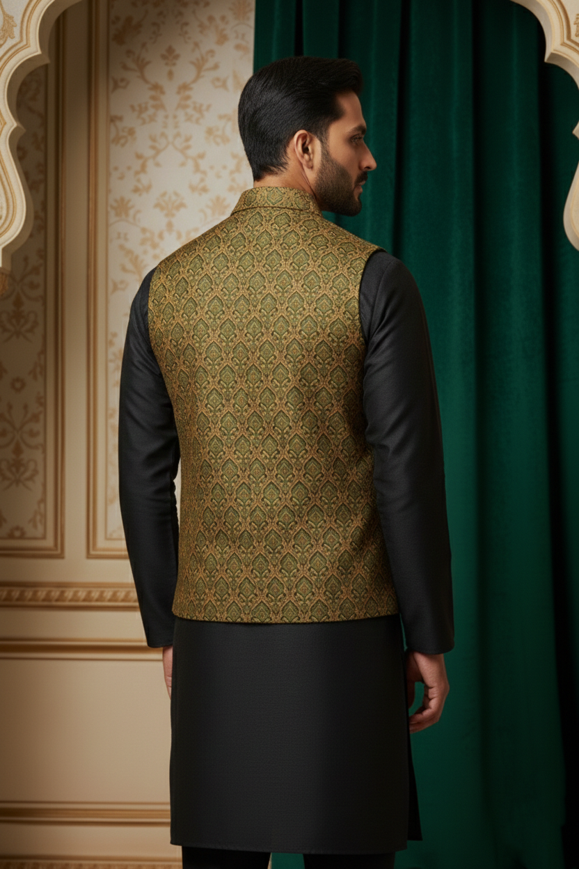 Designer Men’s Brocade Nehru Jacket | Traditional Wedding & Festival Wear Sleeveless Waistcoat with Mandarin Collar - Image 3