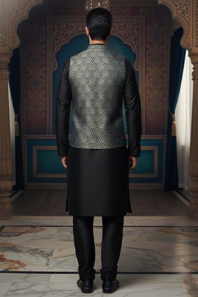 Men's Luxury Jacquard Banarasi Silk Waistcoat | Slim Fit V-Neck Ethnic Jacket for Wedding, Party & Festive Wear | Premium Floral Brocade Design - Image 3