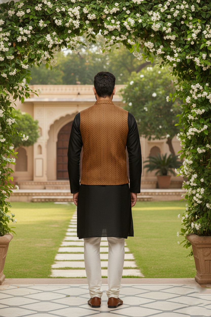 Men’s Mustard Brocade Nehru Jacket | Ethnic Wedding Festive Party Wear Sleeveless Waistcoat with Mandarin Collar for Kurta & Indo Western Outfit - Image 3