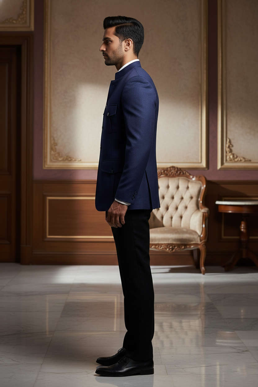 Men's Premium Navy Blue Bandhgala Safari Jacket Slim-Fit Ethnic Jodhpuri Blazer with Cargo Pockets - Image 4