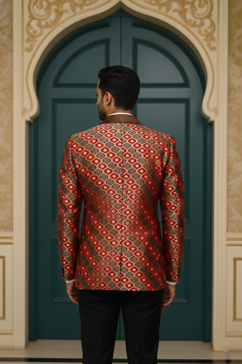 Men's Red and Gold Brocade Tuxedo Blazer Ethnic Geometric Jacquard Wedding Jacket - Image 4