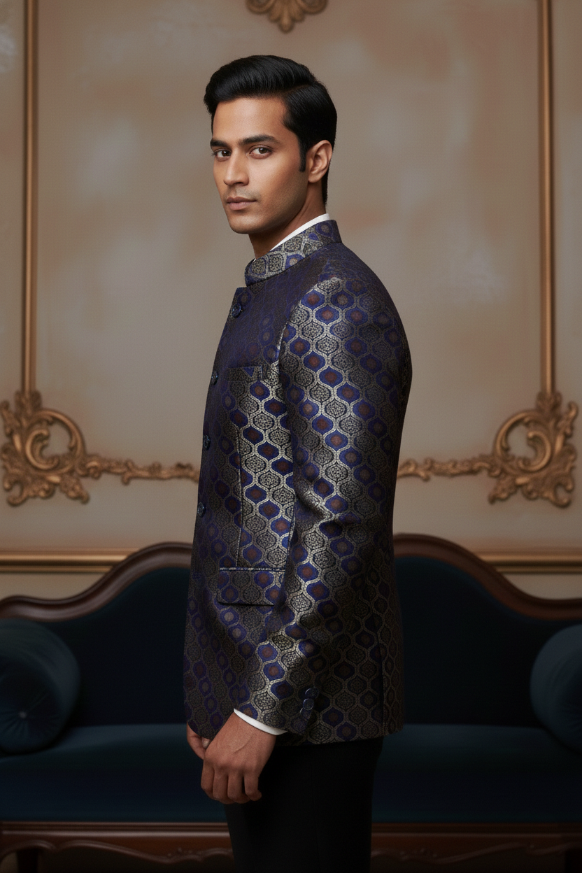 Men's Royal Blue & Gold Banarasi Brocade Jodhpuri Blazer Luxury Ethnic Evening Wear - Image 3