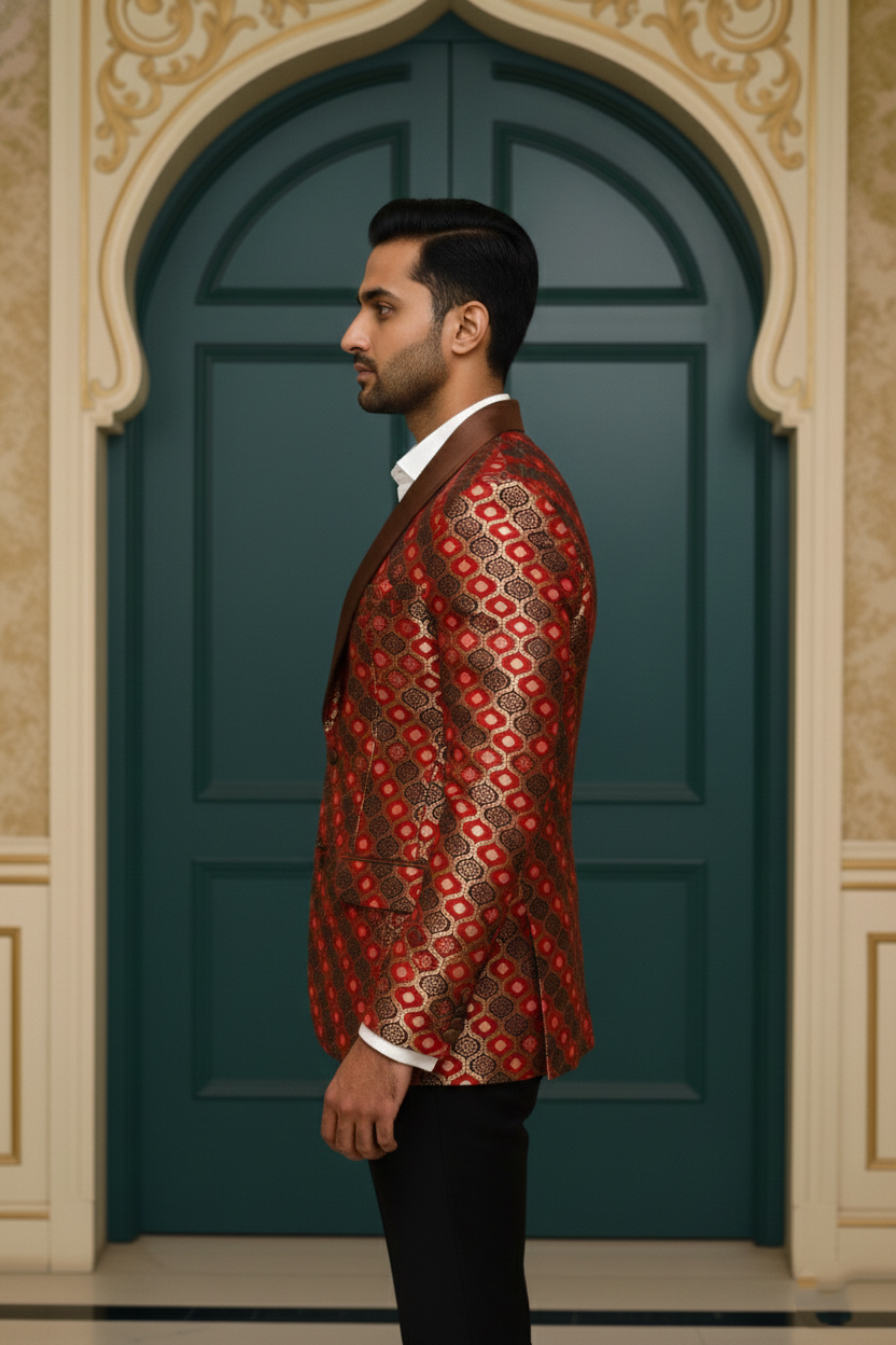 Men's Red and Gold Brocade Tuxedo Blazer Ethnic Geometric Jacquard Wedding Jacket - Image 3