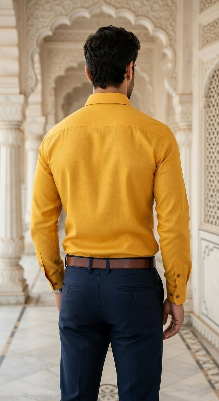 Men's Casual Long-Sleeve Linen-Blend Shirt in Mustard Gold - Image 3