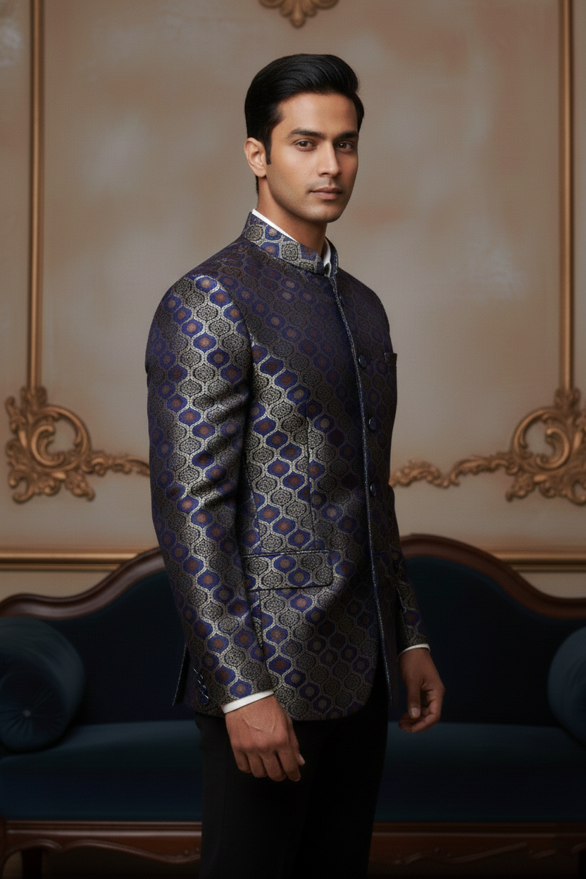Men's Royal Blue & Gold Banarasi Brocade Jodhpuri Blazer Luxury Ethnic Evening Wear - Image 4